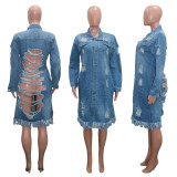 Denim jacket women's solid color fringe row of buttons hole long denim windbreaker