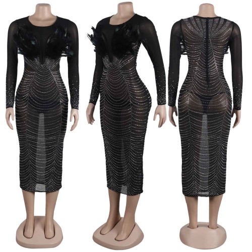 Sexy Feather Rhinestone See-through Long Sleeve Splicing Package Hip Stretch Dress