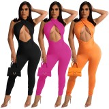 Nightclub Pure Color Sexy Cross Hollow Pile Pleat Slimming Jumpsuit
