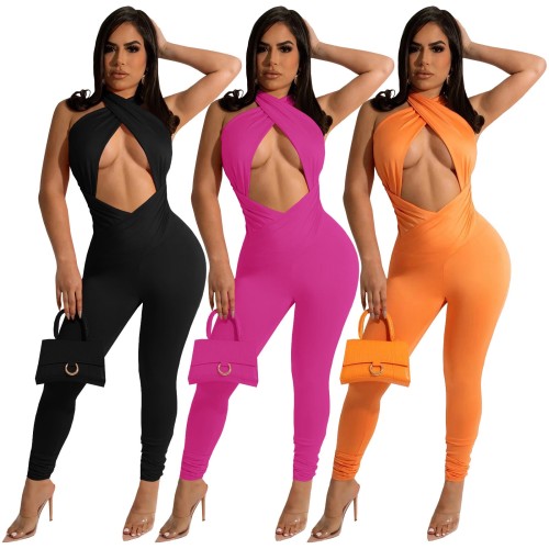 Nightclub Pure Color Sexy Cross Hollow Pile Pleat Slimming Jumpsuit