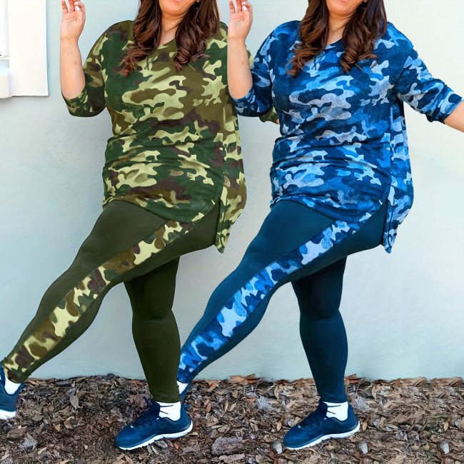 Plus Size Women's Camouflage Printed Long Sleeve Long Pants Set