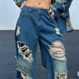 Personalized fashion jeans 2023 fall and winter new versatile holes worn straight long wide-legged pants