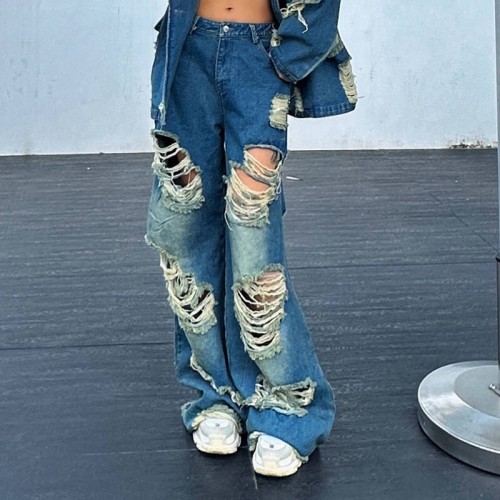 Personalized fashion jeans 2023 fall and winter new versatile holes worn straight long wide-legged pants