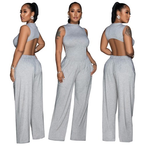 2023 fall and winter new hollow backless round neck jumpsuit