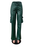 New Casual Leather Pants Hot Fashion 3D Pocket Pants Deep V Stretch Pants