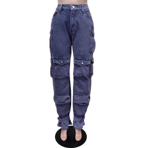 New multi-pocket jeans burst denim work pants casual tie-dye pants