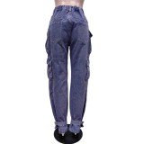 New multi-pocket jeans burst denim work pants casual tie-dye pants