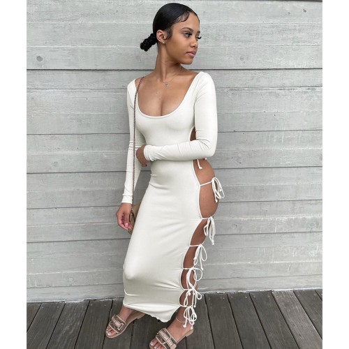 Solid Color Sexy Lace Up Low Cut Comfortable Casual Dresses