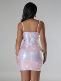 New Sexy Printed Hip Wrap Zipper Pop Sequins Halter Dress