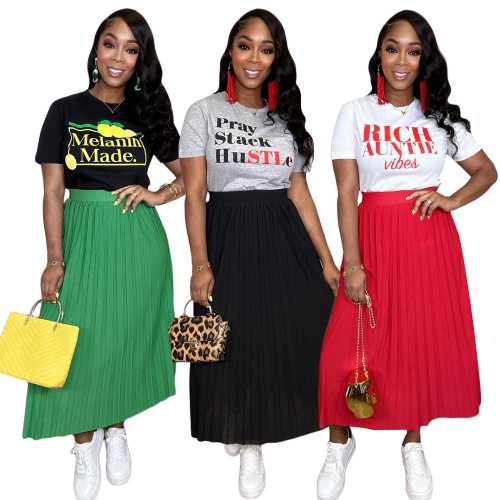 Fall Fashion Casual Short Sleeve Set (Top + Pleated Skirt)