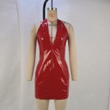 2023 New Mirror Pu Hanging Neck V-neck Waist Slim Package Hip Dress Nightclub Dresses
