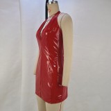 2023 New Mirror Pu Hanging Neck V-neck Waist Slim Package Hip Dress Nightclub Dresses