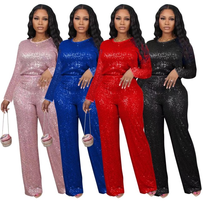 New sequins solid color long sleeve long pants two-piece set
