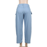 High waist zipper large pockets work style straight jeans street fashion versatile pants