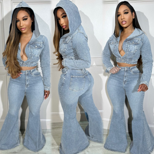 Fall and winter fashion washed cardigan hooded non-stretch flare jeans denim suit