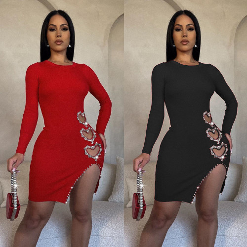 Sexy Solid Color Long Sleeve Heart Appliquéd and Hand Studded Double Sided Brushed Long Dresses