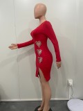 Sexy Solid Color Long Sleeve Heart Appliquéd and Hand Studded Double Sided Brushed Long Dresses