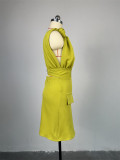 2024 Summer New Temperament V-neck Design High Waist Fake Pockets A-line Halter Dresses