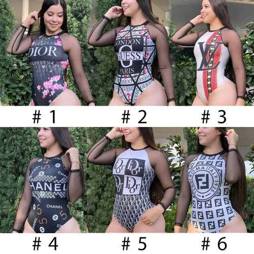 Highly elastic and soft sexy printed mesh splicing invisible zipper one-piece swimsuit