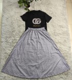 Fashion Casual Short Sleeve Set (Top + Loose Pleated Skirt)