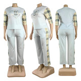 Big Size Women's New Fashion Casual Printed Short Sleeve Long Pants Plaid Suit