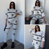 Fashion solid color positioning cotton casual printed two-piece set