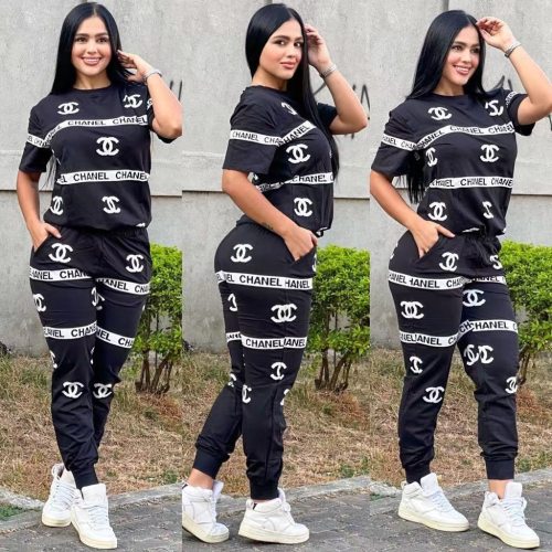 Fashion solid color positioning cotton casual printed two-piece set
