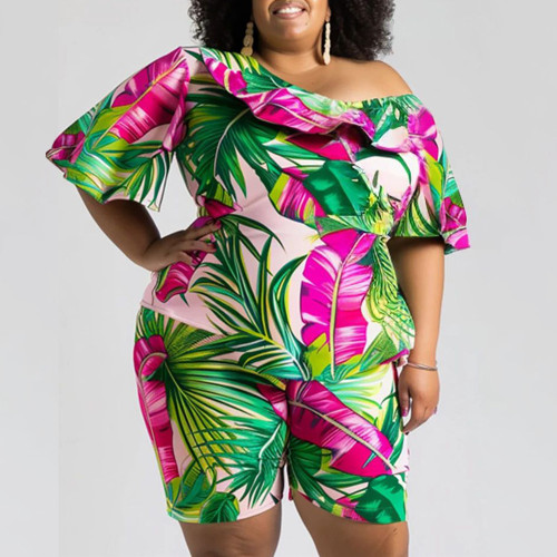 Summer Women's Sexy Fashion Slant Shoulder Printed Large Size Two Piece Set