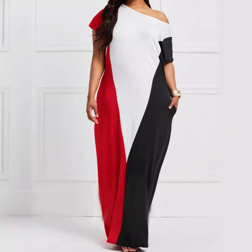 Hot Sale Comfortable Loose Three Color Splicing Design Plus Size Dresses