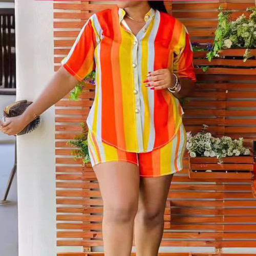 Pop-up suit striped shorts shirt casual vacation style two-piece set