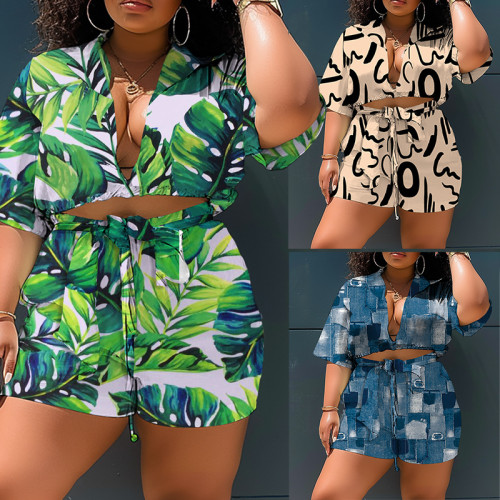 Big size women's new fashion two-piece printed short-sleeved shorts suit shirt collar