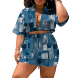 Big size women's new fashion two-piece printed short-sleeved shorts suit shirt collar