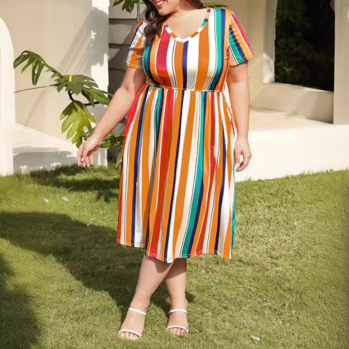 Summer Colorful Stripes Comfortable Waisted Section Plus Size Dresses