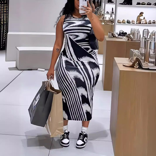 Plus Size Black and White Wrap Hip Tight Sleeveless Fashion Zebra Print Dresses