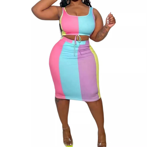 Colorful Stripes Big Size Slim Sexy Package Hip Two Piece Set
