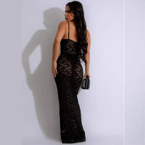 Fashion V-neck sexy see-through lace slim halter dress prom party