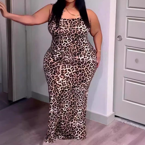 Sexy halter leopard print package hip models large size Slim dresses