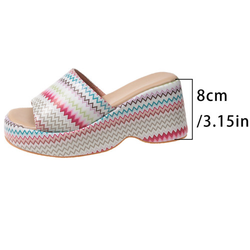 Thick bottom slippers female 2024 summer new large size one word colorful striped muffin sandals drag