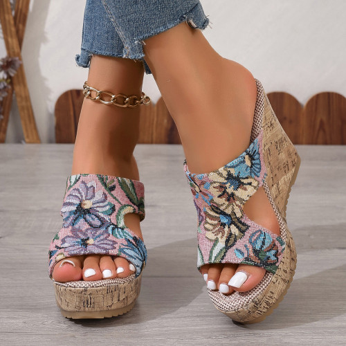 Slope Heel Cloth Fish Mouth Thick Bottom Muffin High Heeled Sandals Slippers 2024 Summer Fashion Outer Women's Sandals