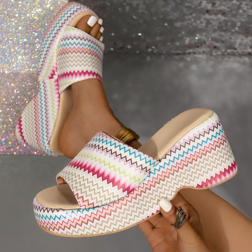 Thick bottom slippers female 2024 summer new large size one word colorful striped muffin sandals drag