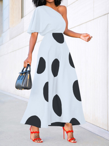 Multicolor Slant Shoulder Short Sleeve Polka Dot Vacation Fashion Elegant Dresses