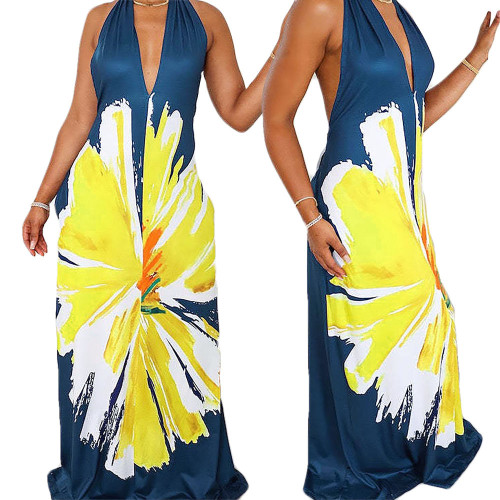 Backless Hanging Neck Gowns Printed Long Dresses Dresses