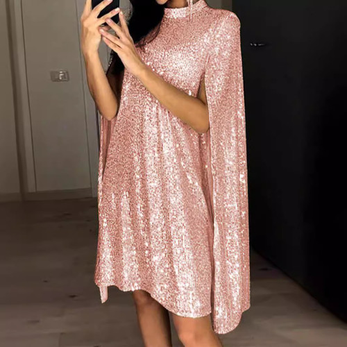 Elegant Small Standing Neck Sequin Dress Party Loose Women's Dresses