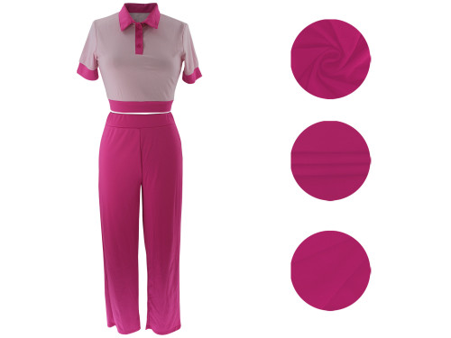 Summer new splicing color collision POLO collar short-sleeved top wide-legged pants fashion suit