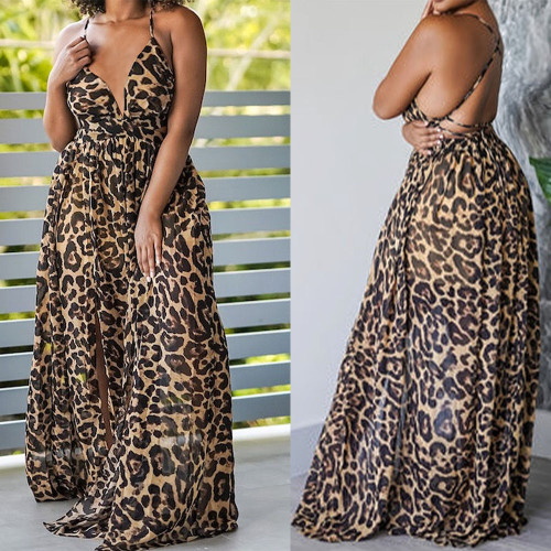Sexy Split Leopard Deep V-Neck High Waist Cross Strap Backless Halter Dresses