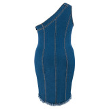 Plus Size Women's Denim Collarless Sleeveless Slant Shoulder Tassel Dresses