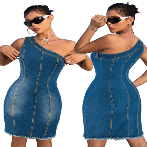 Plus Size Women's Denim Collarless Sleeveless Slant Shoulder Tassel Dresses