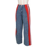 2024 summer fashion splicing three stripes wide-legged denim pants women's new casual high-waisted stretch straight pants