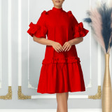 2024 Summer New Fashion Solid Color Style Wooden Ear Trim A-Line Skirt Dress