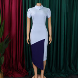 Slant collar fashion temperament short sleeve hip package color blocking pencil skirt dresses